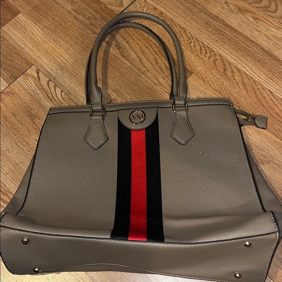 Stylish Tan Handbag with Red and Black Stripe - Picture 1 of 6